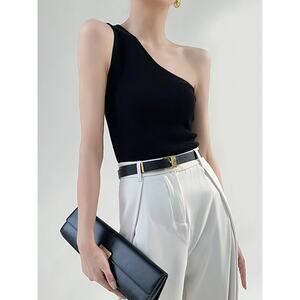 Commense Casual Stretch Solid Black One Shoulder Top Asymmetrical Small